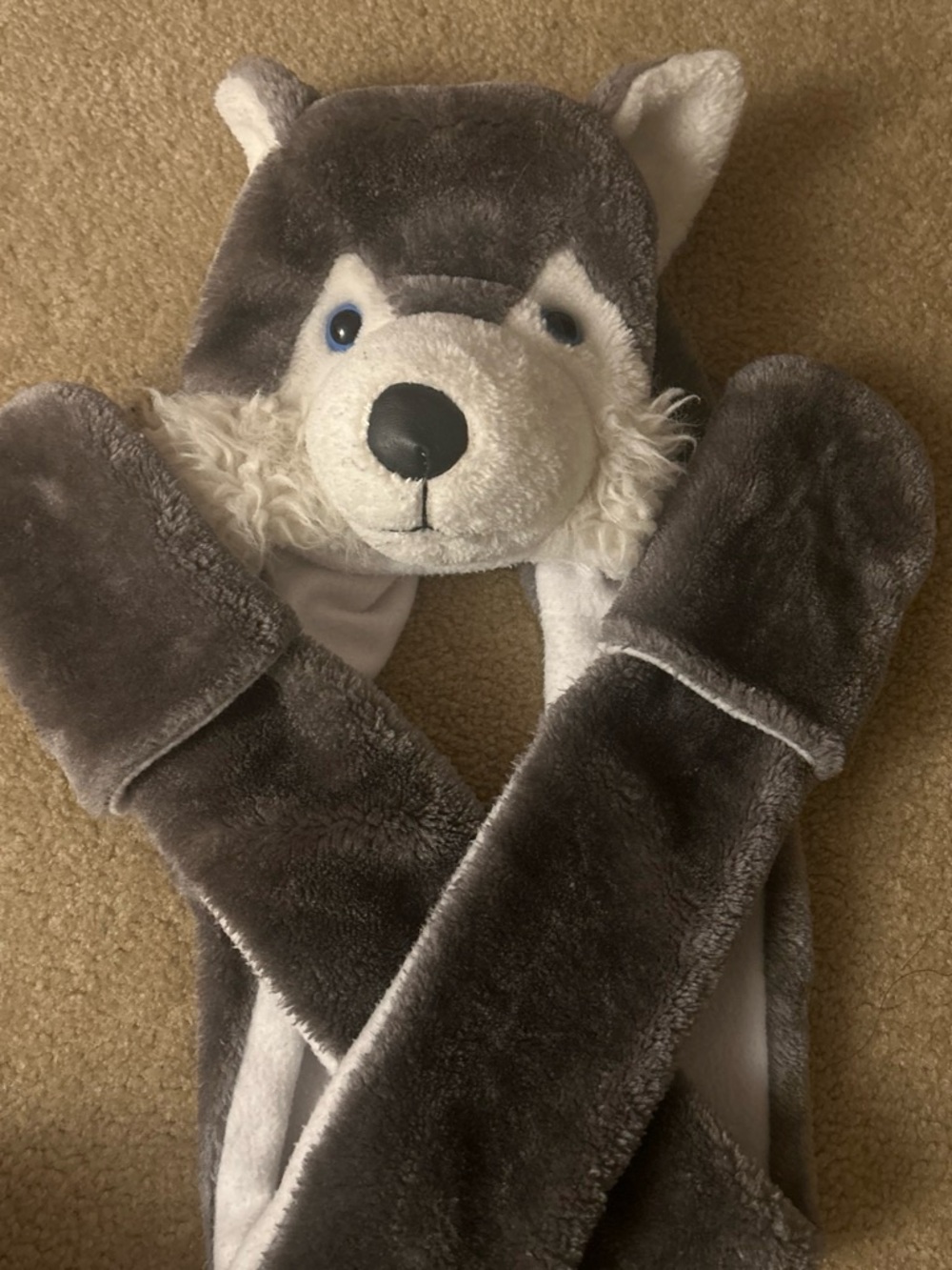 Wolf hat and scarf attached to mittens